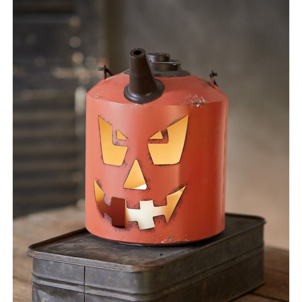 Rustic Galvanized‎ Metal Halloween Luminary Carved Pumpkin Face Fuel Gas Can